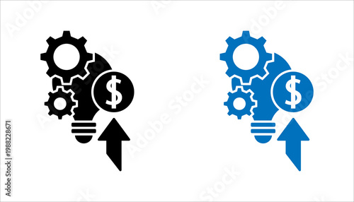 Outline icon set, illustration of gears with light bulb and dollar symbol representing financial innovation, business growth, and smart investment.