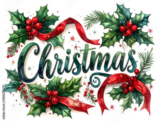 Festive watercolor illustration features the word 