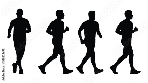 Four silhouettes of men running depicted in various stages of a stride