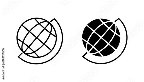 Minimal outline icon set, of globe with circular motion lines representing global movement, international connectivity, and worldwide systems.