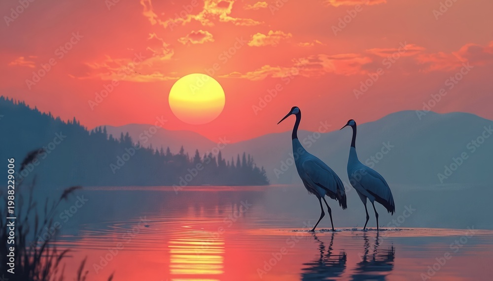 Fototapeta premium Two elegant red crowned cranes stand in calm shallow water reflecting fiery sunset. Mountains and forest create misty background. Peaceful nature scene.