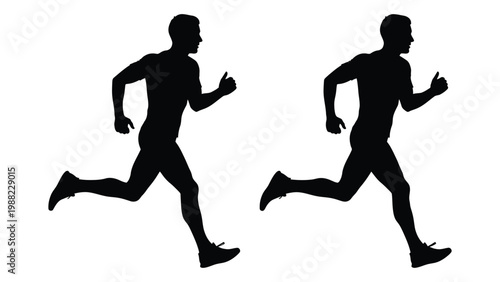 Two silhouettes of men running both with arms raised in a gesture of success