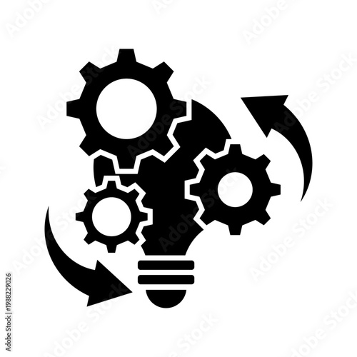Minimal outline icon of gears with circular arrows and light bulb representing automation process, innovation, and continuous improvement.