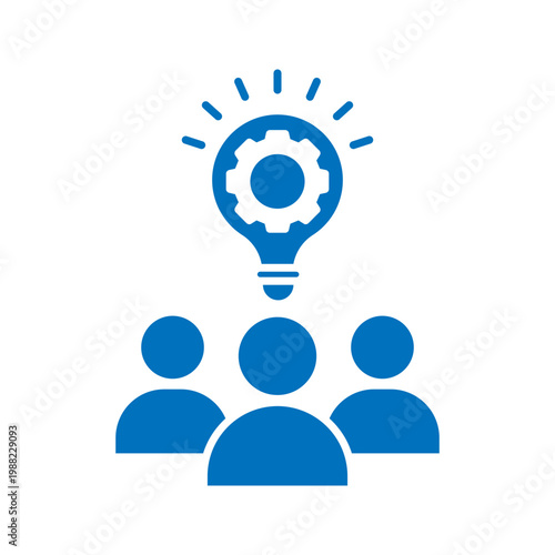 Minimal outline icon of group of people with light bulb and gear representing teamwork, innovation, collaboration, and creative solutions.