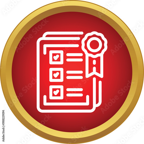 Certification document with checkmarks and an award ribbon in a red and gold circle