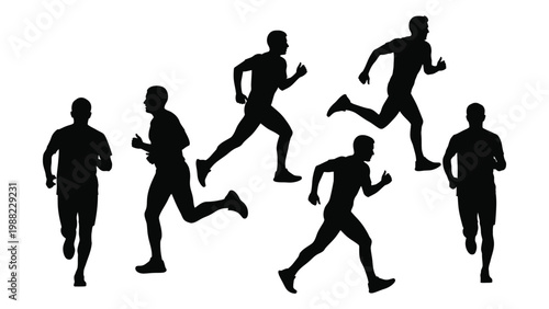 Silhouettes of six men running depicted in a dynamic and energetic black and white style