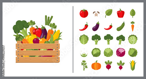 Fresh Vegetable Wooden Crate Set with Flat Icons of Pepper Broccoli Cabbage Carrot Eggplant and Organic Produce for Food Design