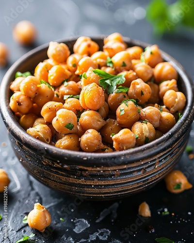 Roasted chickpeas seasoned with fresh herbs and spices served in rustic ceramic bowl on dark table for high protein snack or vegan salad topping for appetizers.