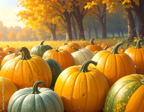 Field of pumpkins of various colors and sizes, with a blurred backdrop of trees in fall foliage