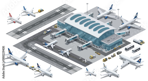 Isometric Airport Terminal Building with Airplanes and Ground Support Vehicles Vector