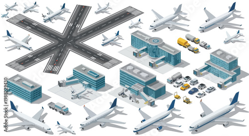 Isometric Airport Infrastructure Vector Set with Airplanes, Buildings, and Ground Vehicles