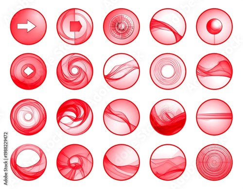 Fifteen red circular icons on white. Each has a unique design featuring arrows, lines, gradients, and geometric elements