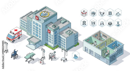 Isometric Hospital Building and Medical Equipment Vector Set