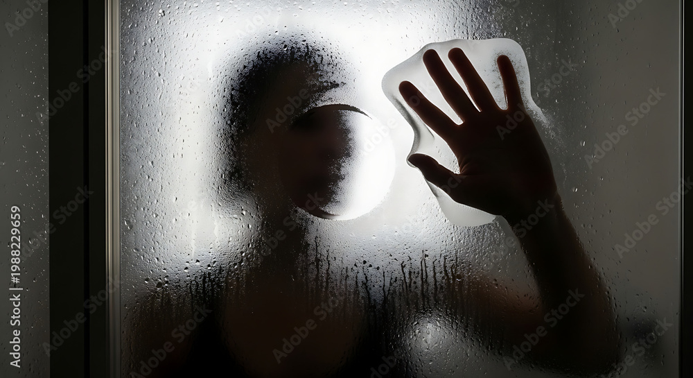 Obraz premium Silhouette of person behind fogged glass with hand pressed and smiley face drawn, artistic mysterious photo.