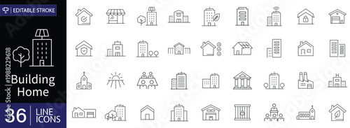 Building home icons set. Includes symbols of house construction, architecture, tools, blueprint, real estate, and home development. Editable stroke. Vector illustration. Outline icons.