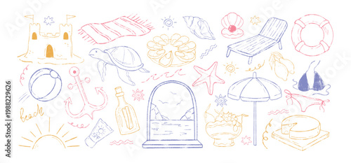 Hand drawn sketch crayon coastal elements. Mediterranean summer sea vacation doodle icon. Chalk outline art beach chair, lifebuoy, sandcastle, tropical fruits, ocean arch frame. Italy coast vector set