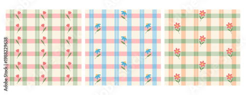 Vichy check seamless pattern, plaid square backgrounds with cute flowers in pastel color. Gingham floral, checkered spring geometric texture for fabric design, tablecloth textile print, picnic blanket