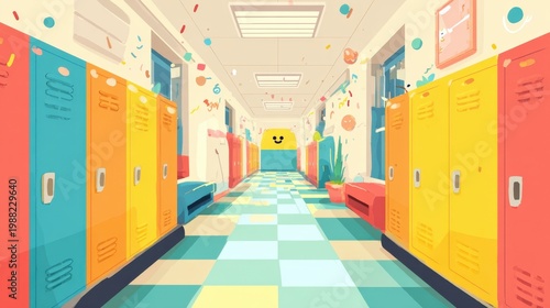 Colorful School Hallway With Lockers