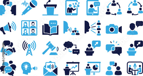 Collection of communication and business meeting icons, social interaction and technology symbols.