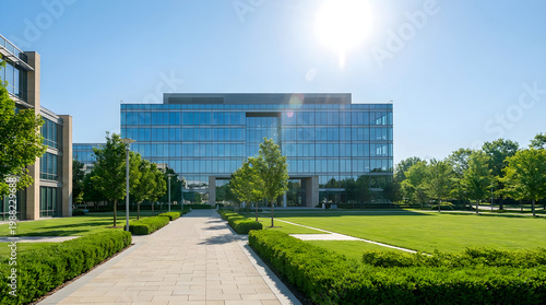 Modern glass office building with landscaped grounds on a sunny day