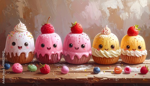 Five adorable, kawaii-style cupcakes with smiling faces, topped with cream and fruit, arranged on a wooden surface