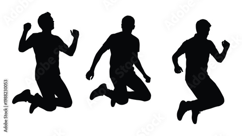 Three silhouetted men jumping with arms raised in a dynamic energetic pose