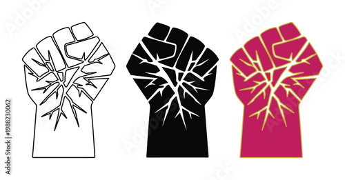 Raised fist protest icons with lightning crack texture, set of 3 clenched hand vectors, power and revolution symbols for social justice activism
