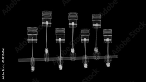 Wireframe Car Engine with Seven Cylinders and Rotating Crankshaft on Black Background - 3d 4k animation (3840 x 2160 px)