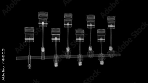 Wireframe Car Engine with Eight Cylinders and Rotating Crankshaft on Black Background - 3d 4k animation (3840 x 2160 px)
