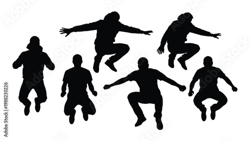 A group of six people are captured mid air in dynamic jumping poses appearing as silhouettes