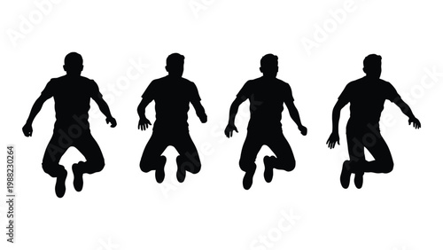 Four silhouetted figures are captured mid air seemingly jumping or leaping forward