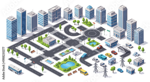 Isometric City Map Constructor Vector Set with Buildings, Roads, and Vehicles