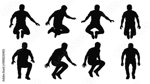 Silhouettes of men in various dynamic poses appearing to float or jump