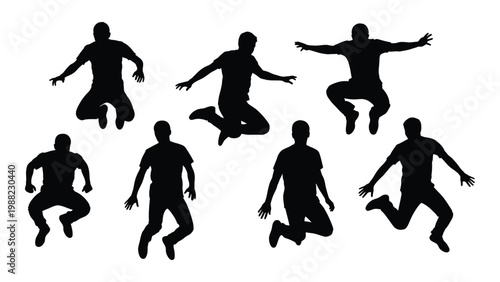 Silhouettes of multiple people jumping and leaping in dynamic poses against a white background