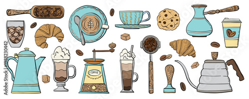 Hand drawn doodle coffee illustrations and icons set. Cafe and coffeeshop elements vintage design. Coffee maker, grinder, pot, cups, bakery art. Perfect for coffee posters, prints