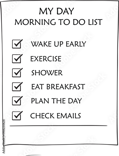 Hand-drawn morning to do list vector, daily routine checklist with checkmarks, minimalist productivity schedule on paper, morning habits planner