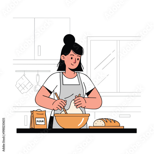 Woman baking bread, mixing dough in bowl, kitchen scene
