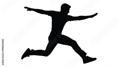 A dynamic silhouette of a person mid jump arms outstretched conveying motion and energy