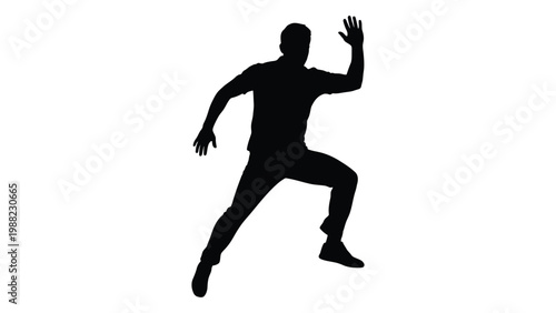 A silhouette of a man dynamically posed appearing to be leaping or running forward