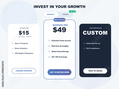 SaaS Pricing Blocks for Landing Page - 3 Tier Price List with Recommended Plan and Enterprise Solution