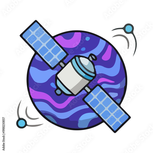 Cartoon Illustration of Artificial Satellite in Outer Space
