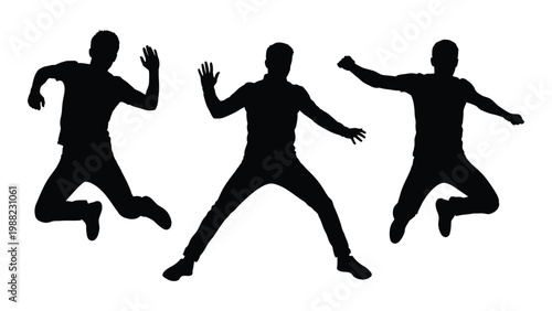 Three silhouetted figures dynamically jumping with arms raised illustrating movement and energy