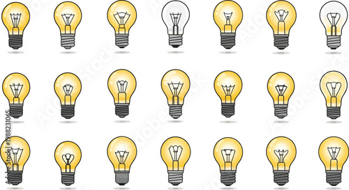 A collection of light bulbs in various states of illumination on a white background