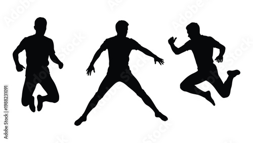 Three silhouette figures of men jumping dynamically against a white background
