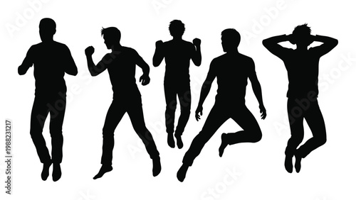 Silhouettes of five young men jumping and posing with energetic body language
