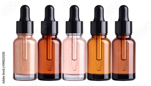 Five glass dropper bottles with varying colored liquids stand in a row. Dark dropper tops against a white background