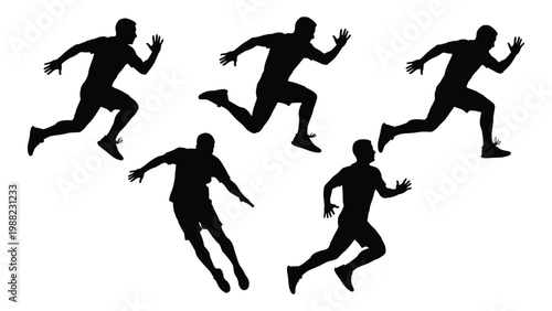 Silhouettes of five men running depicted in various stages of movement and action
