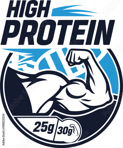 A high protein logo with a muscular arm and nutrition facts
