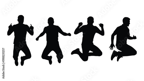 Four silhouettes of men in dynamic jumping poses against a white background