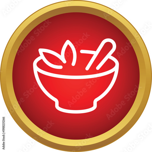 White outline mortar and pestle with leaves in a red circle with a gold border